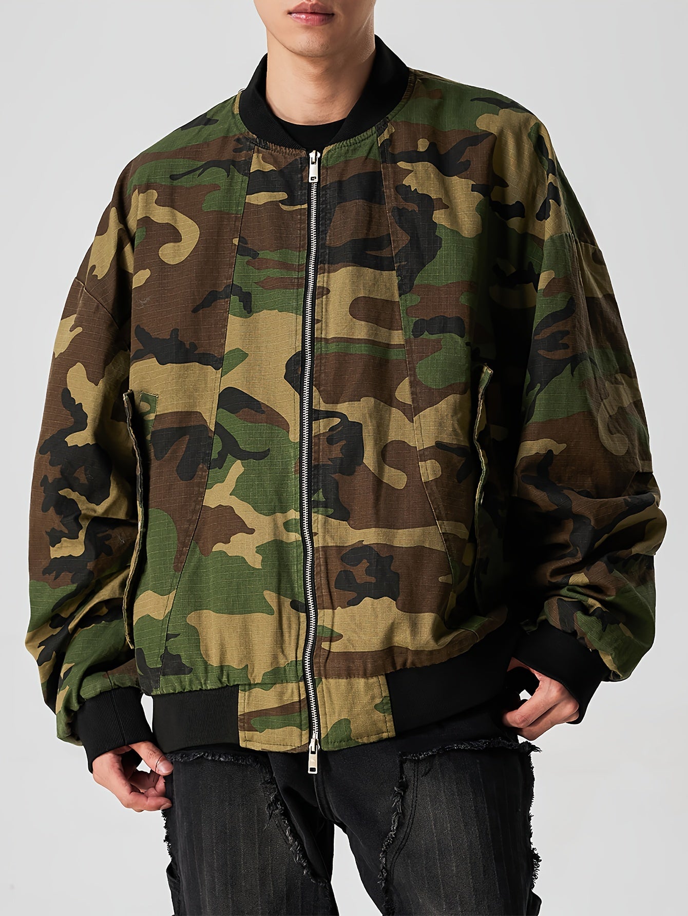 Casual Camo Print Bomber Jacket for Women, Zip-Up Outerwear Camo Colors