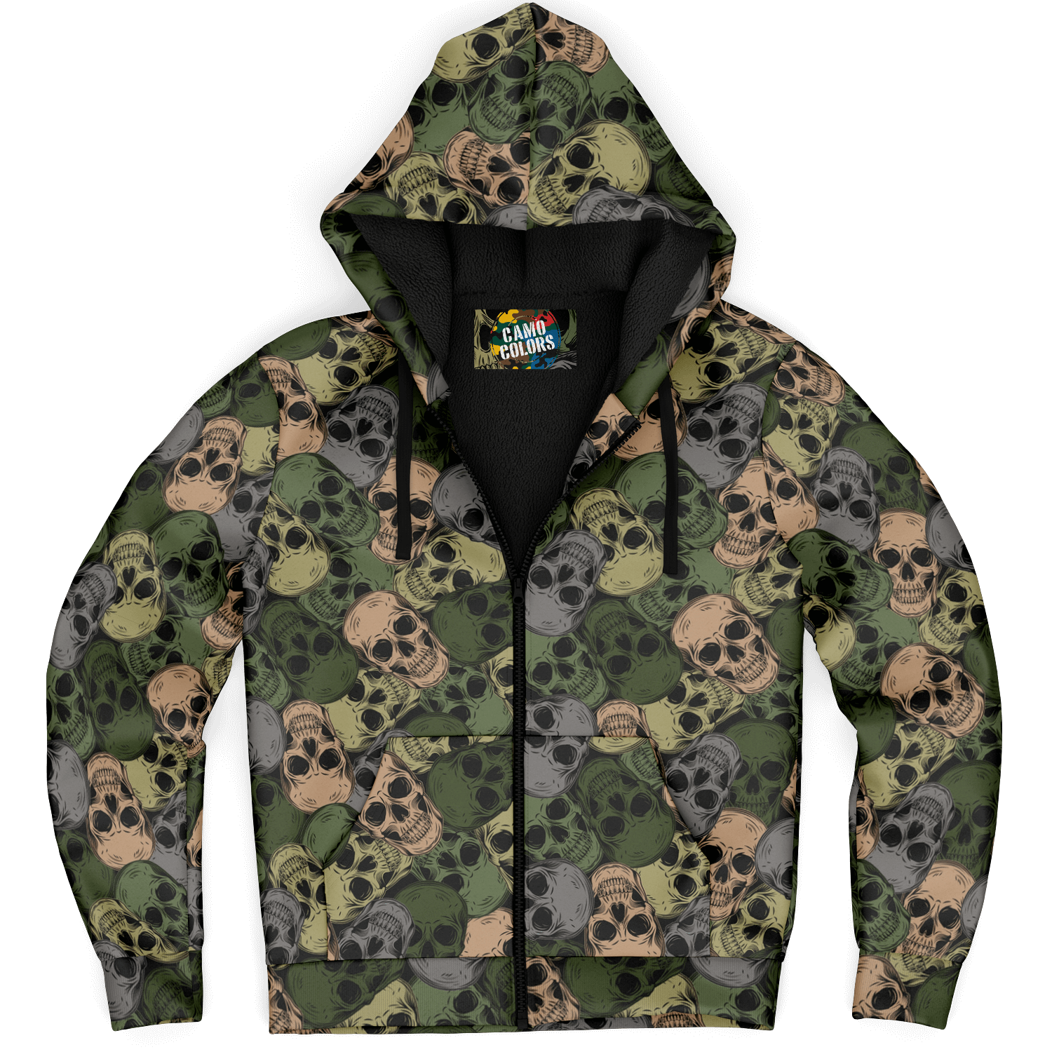 Microfleece Zip Hoodie | Green & Gray Skulls Camouflage Camo Colors