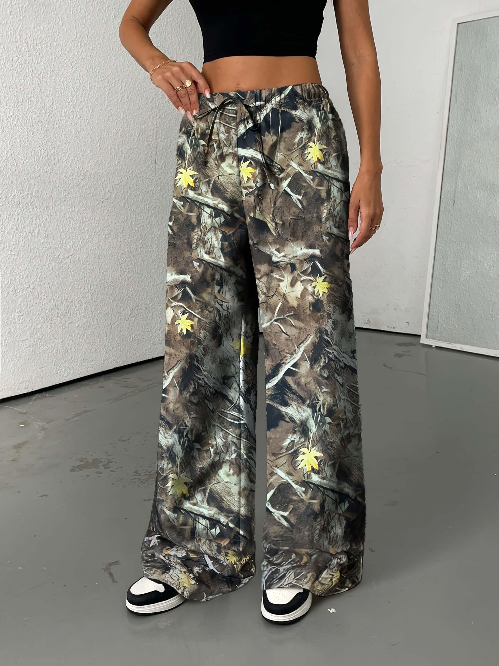 Women's Wide Leg Palazzo Pants with Drawstring | Camouflage Tree Branch Camo Colors