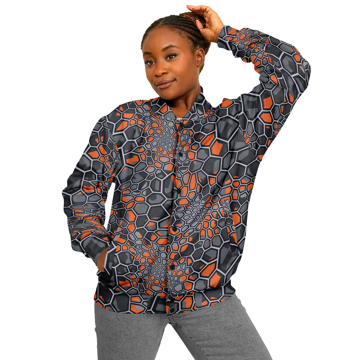 Baseball Jacket | Geometric Camo in Orange, Gray & Black Camo Colors