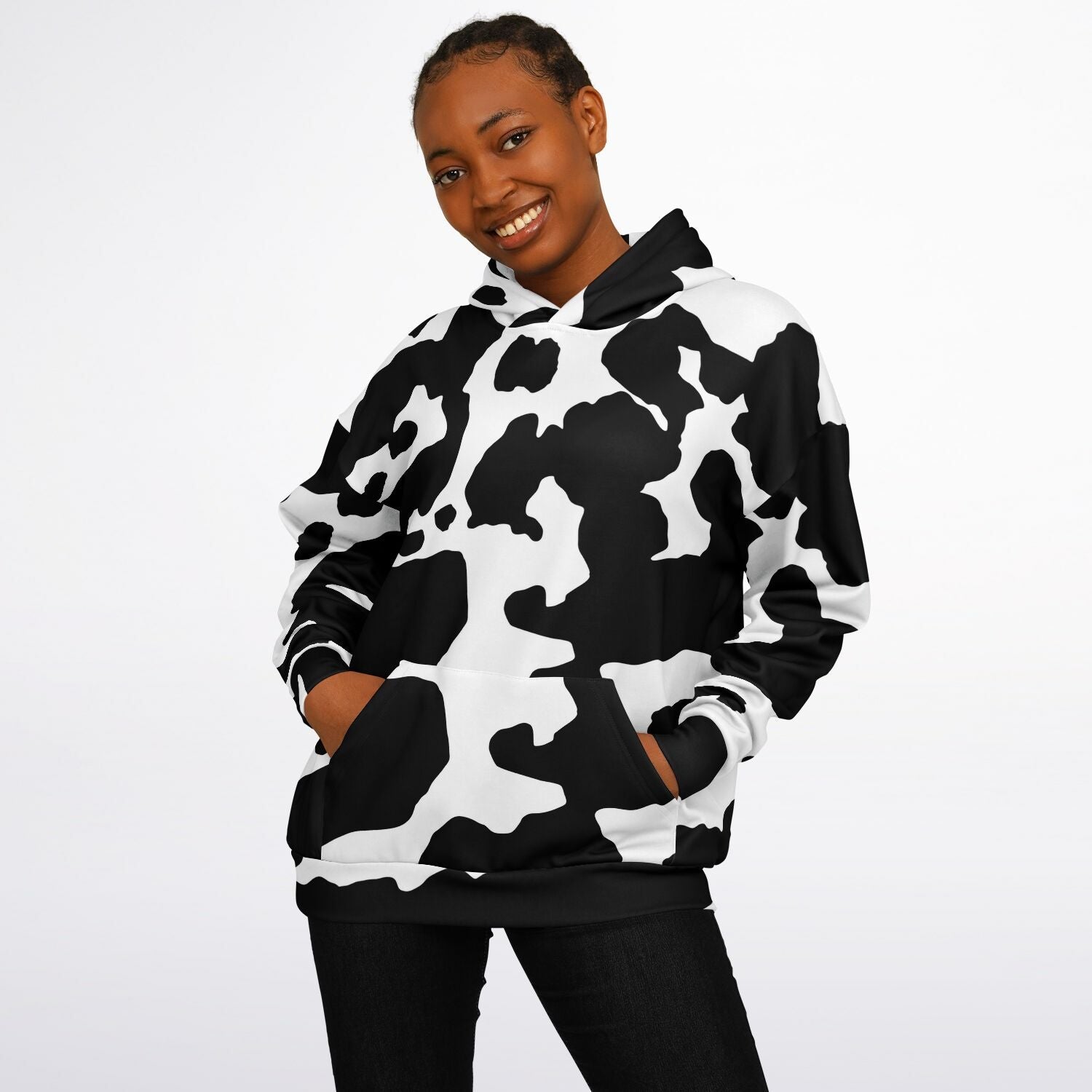 Oversized Hoodie in Black and White Cow Print | Camo Colors