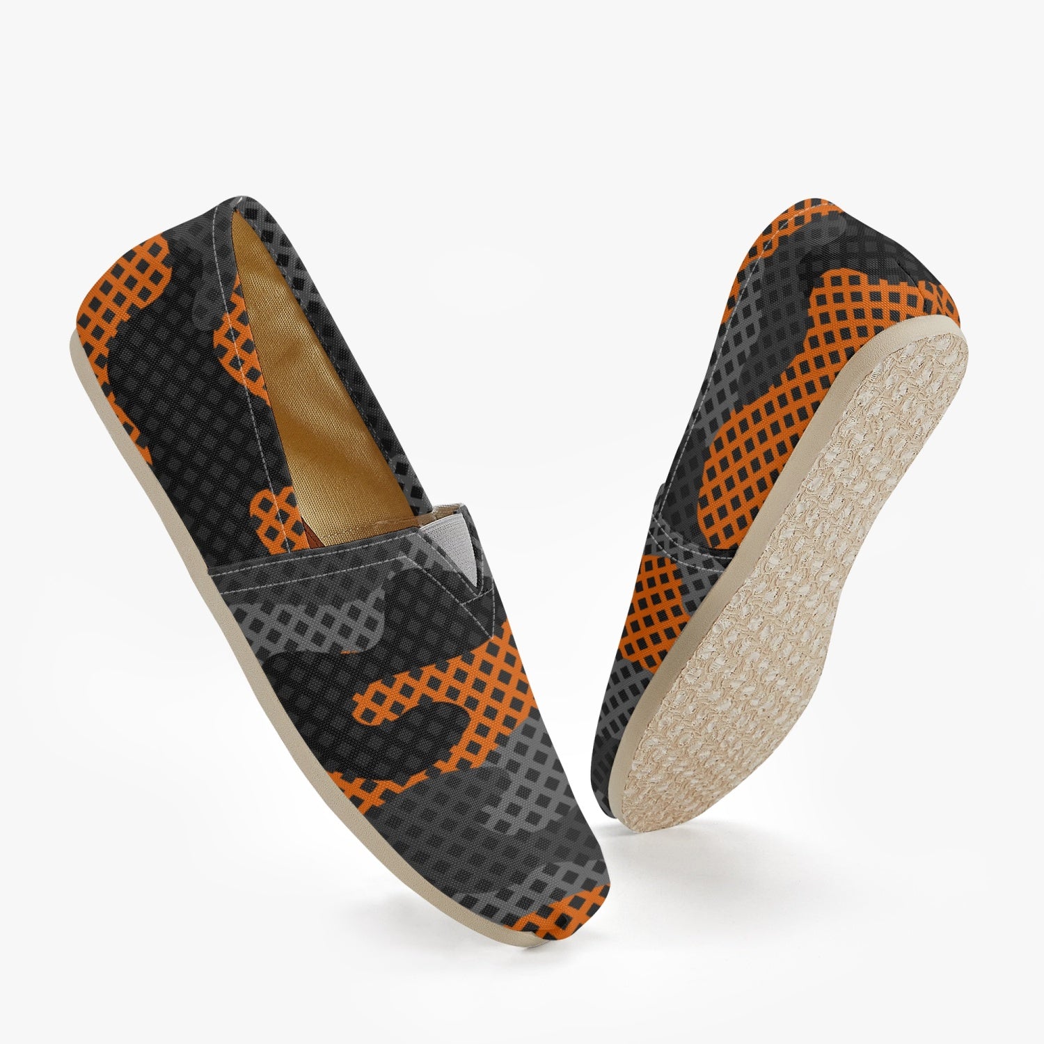 Camo Toms | Black & Orange Pixel Camouflage Canvas Shoes Camo Colors