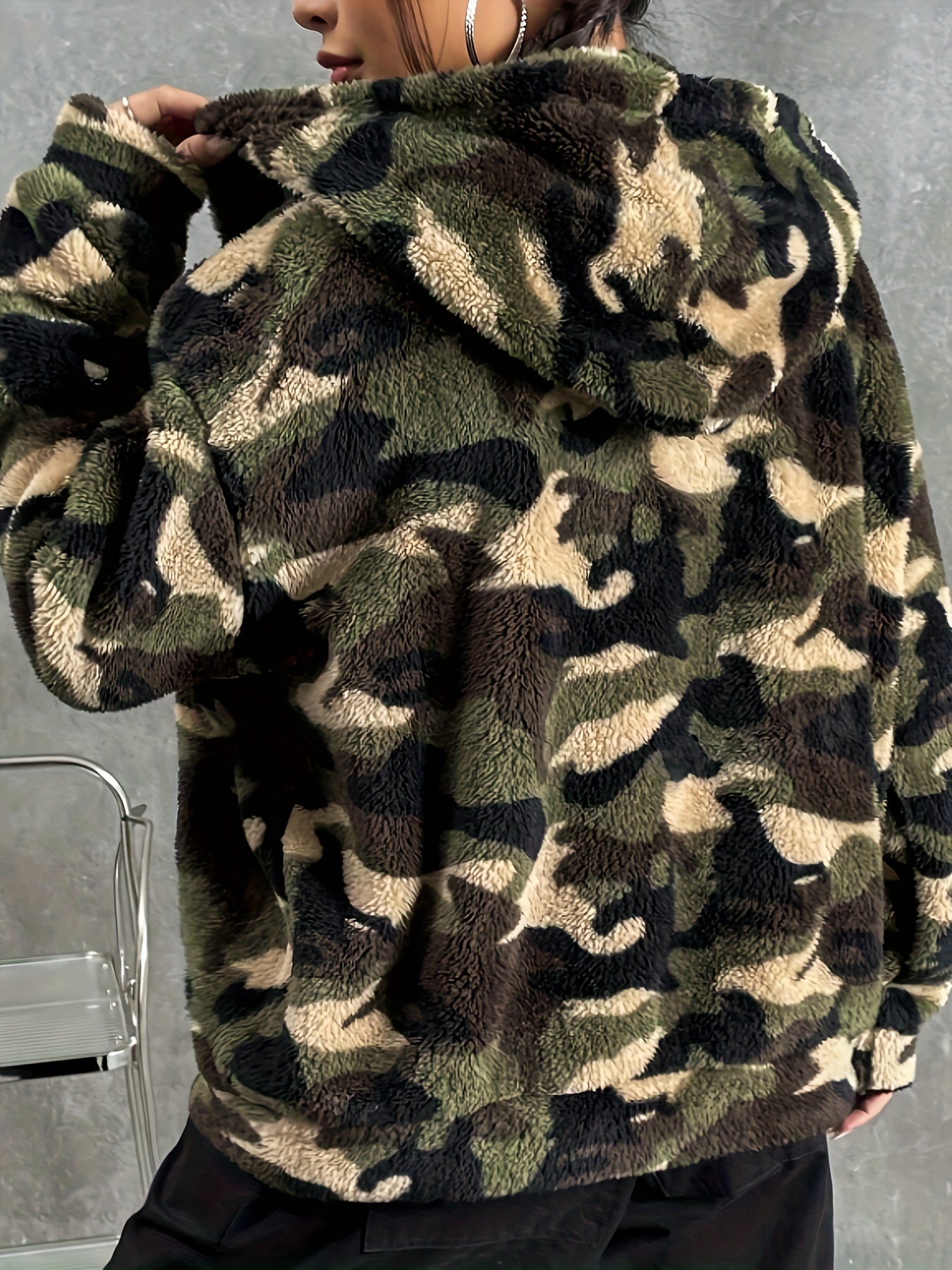 Women's Camo Print Zip-up Fluffy Jacket: Hooded, Fall/Winter Camo Colors