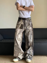 Camo Splatter Print Distressed Low-Rise Wide-Leg Jeans | Cotton Blend Camo Colors