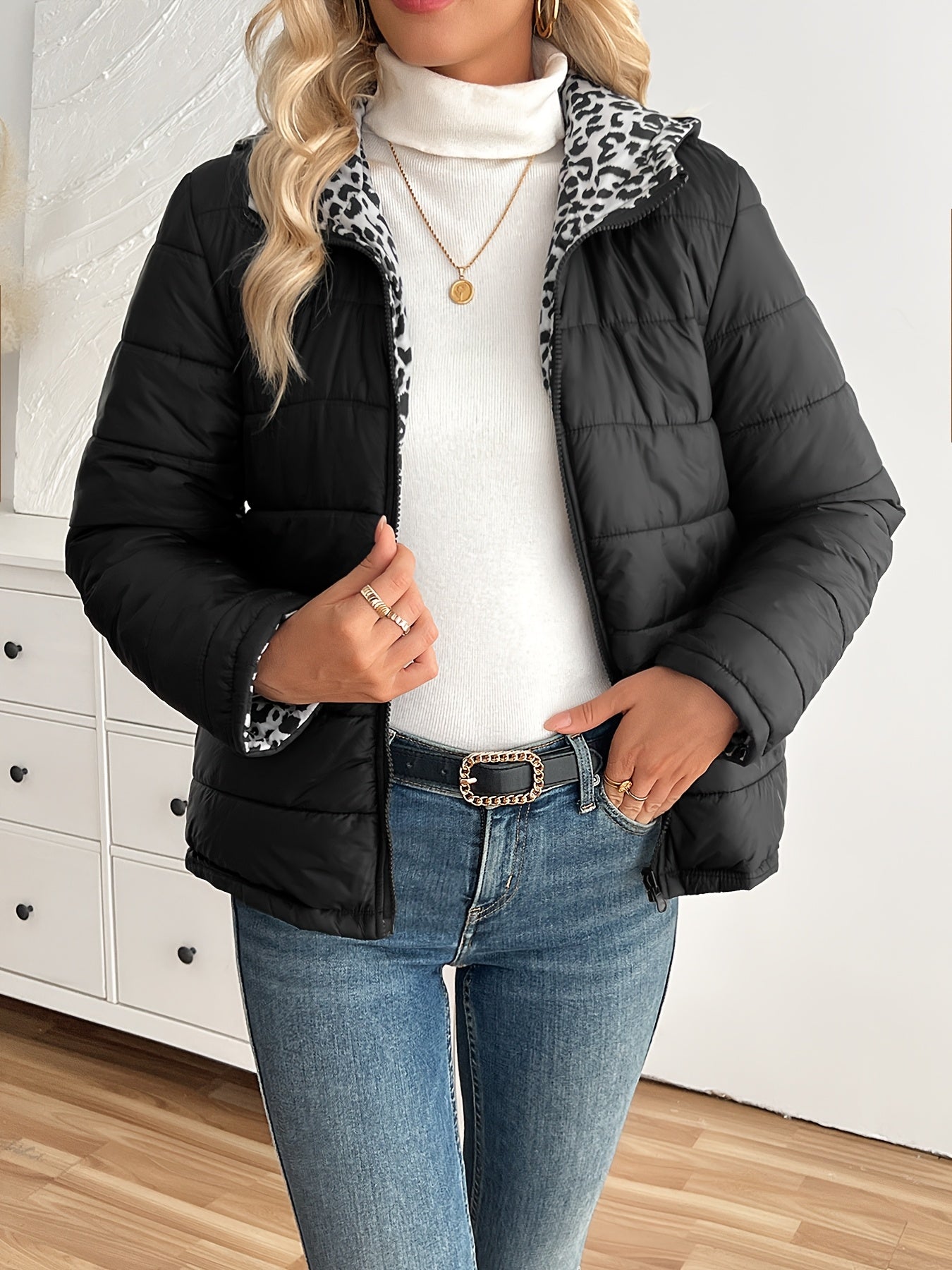 Women's Reversible Leopard Print Hooded Puffer Jacket | Camo Colors