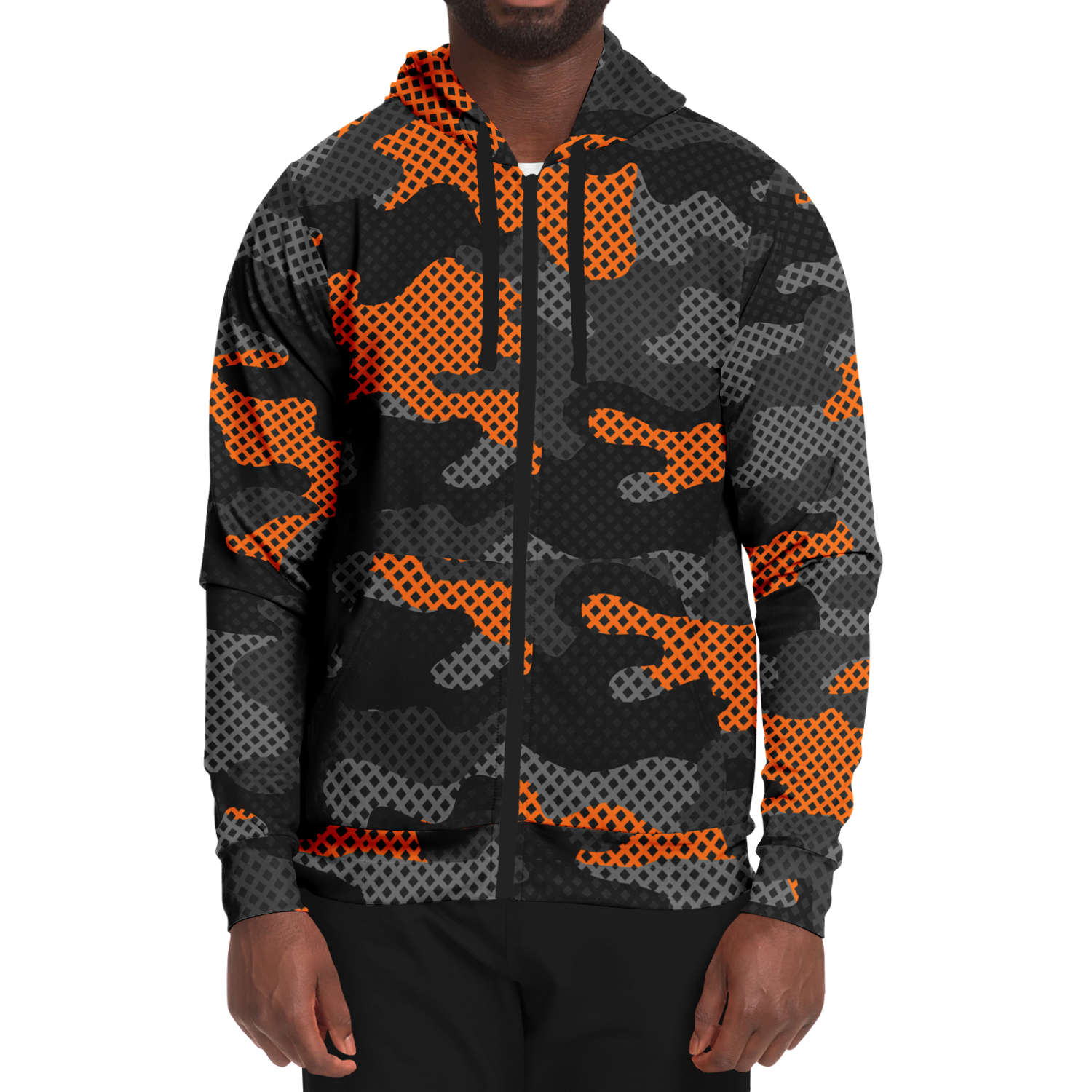 Zip-Up Hoodie | Orange & Black Pixel Camouflage style Camo Colors