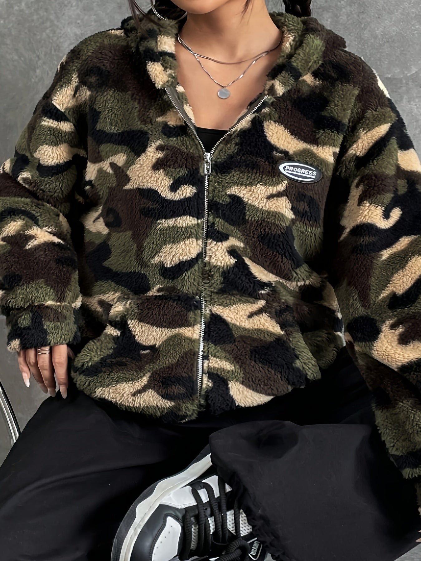 Women's Camo Print Zip-up Fluffy Jacket: Hooded, Fall/Winter Camo Colors