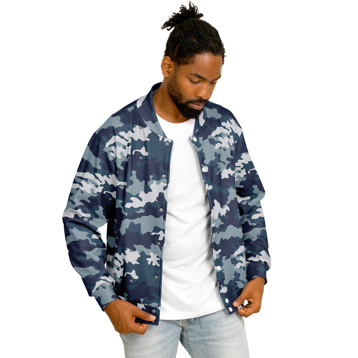 Navy Blue Camo Baseball Jacket | Unisex Camo Colors