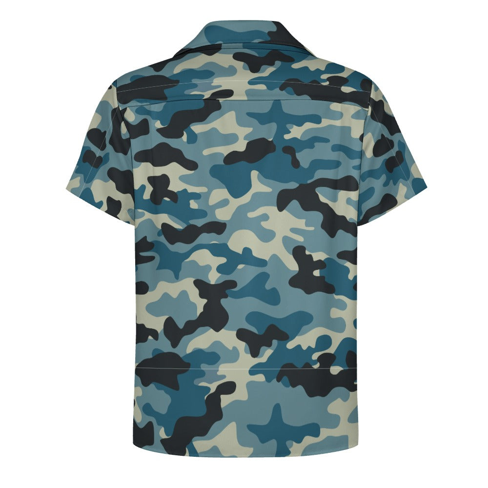 Men's Camo Shirt in Shades of Blue & Charcoal | Cuban Collar Design | Camo Colors