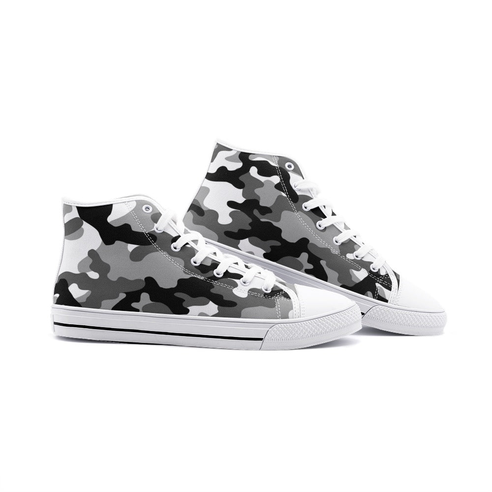 Camo Shoes | High Top Canvas | Black, White, and Gray Camo Colors