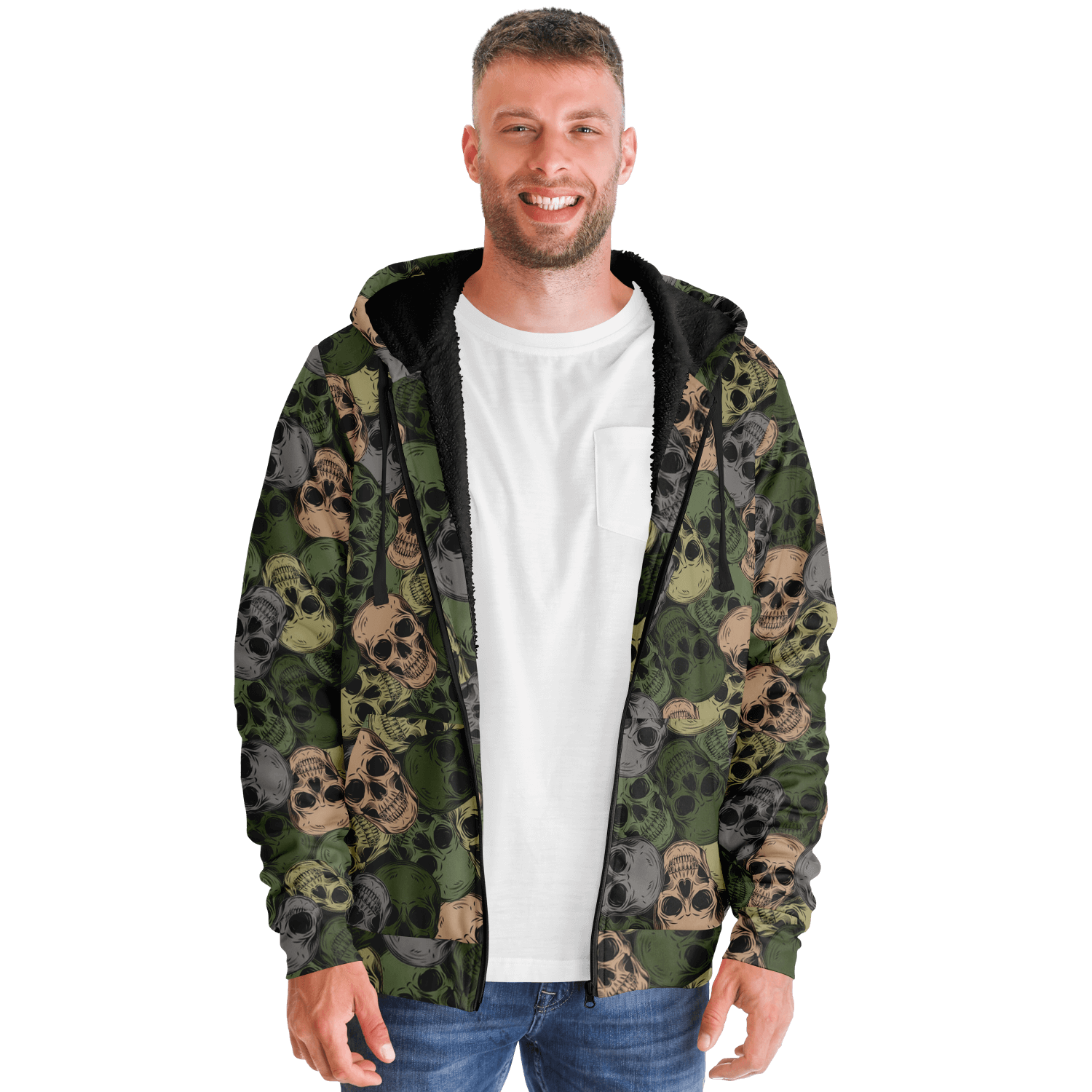 Microfleece Zip Hoodie | Green & Gray Skulls Camouflage Camo Colors