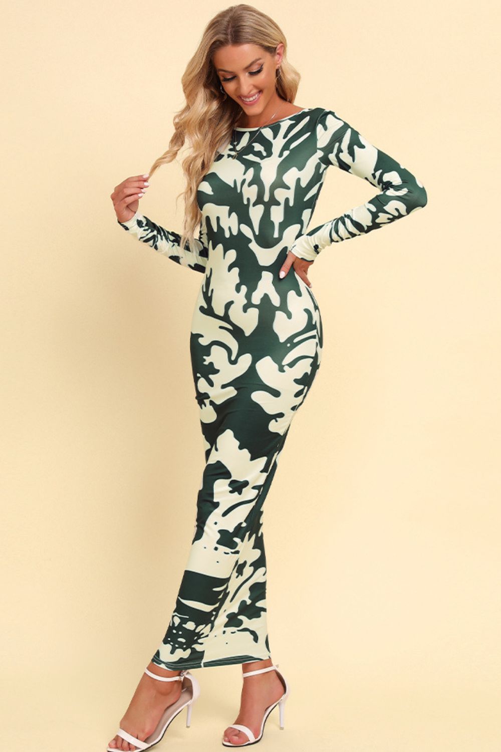 Printed Backless Long Sleeve Maxi Camo Dress Camo Colors