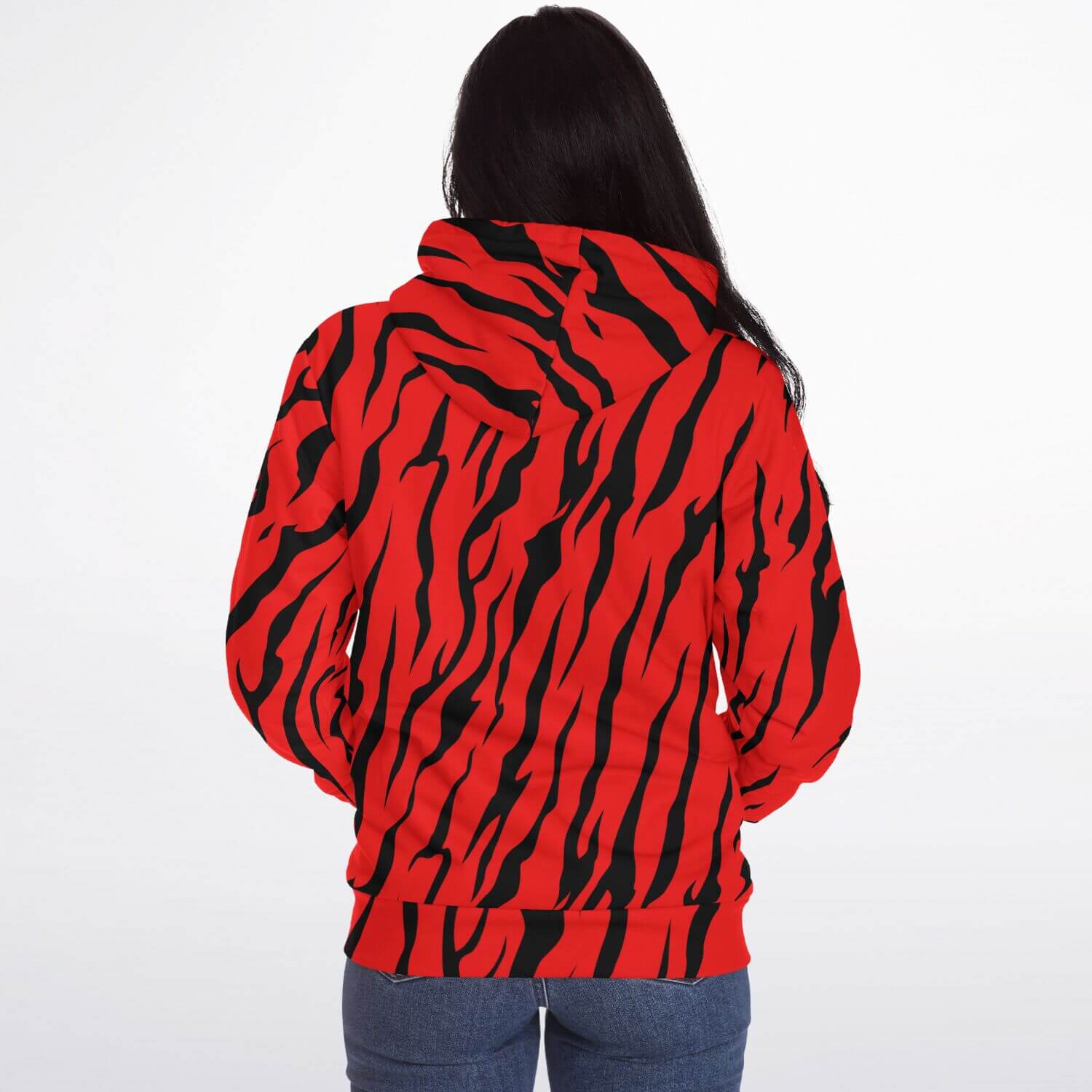 Microfleece Zip Hoodie in Red and Black Tiger Print Camo Colors