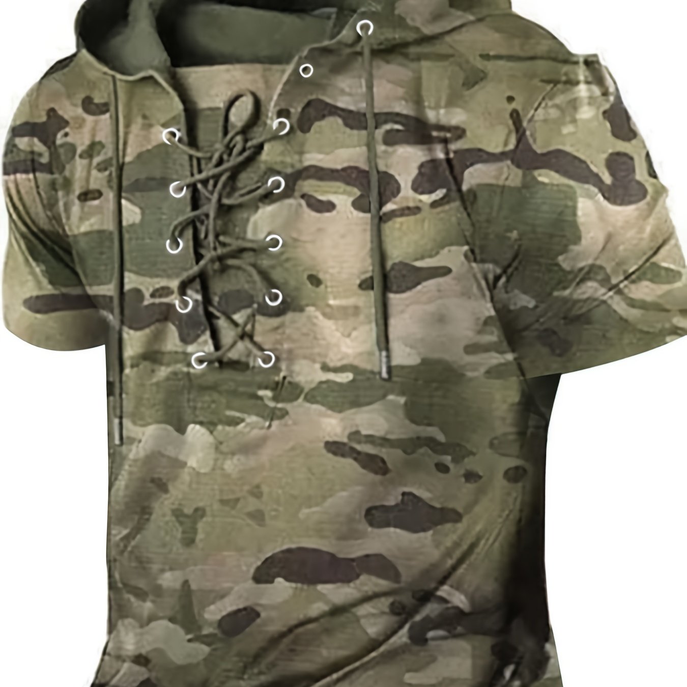 Men's Camouflage Pattern Lace-Up Short Sleeve Hoodie | Camo Colors