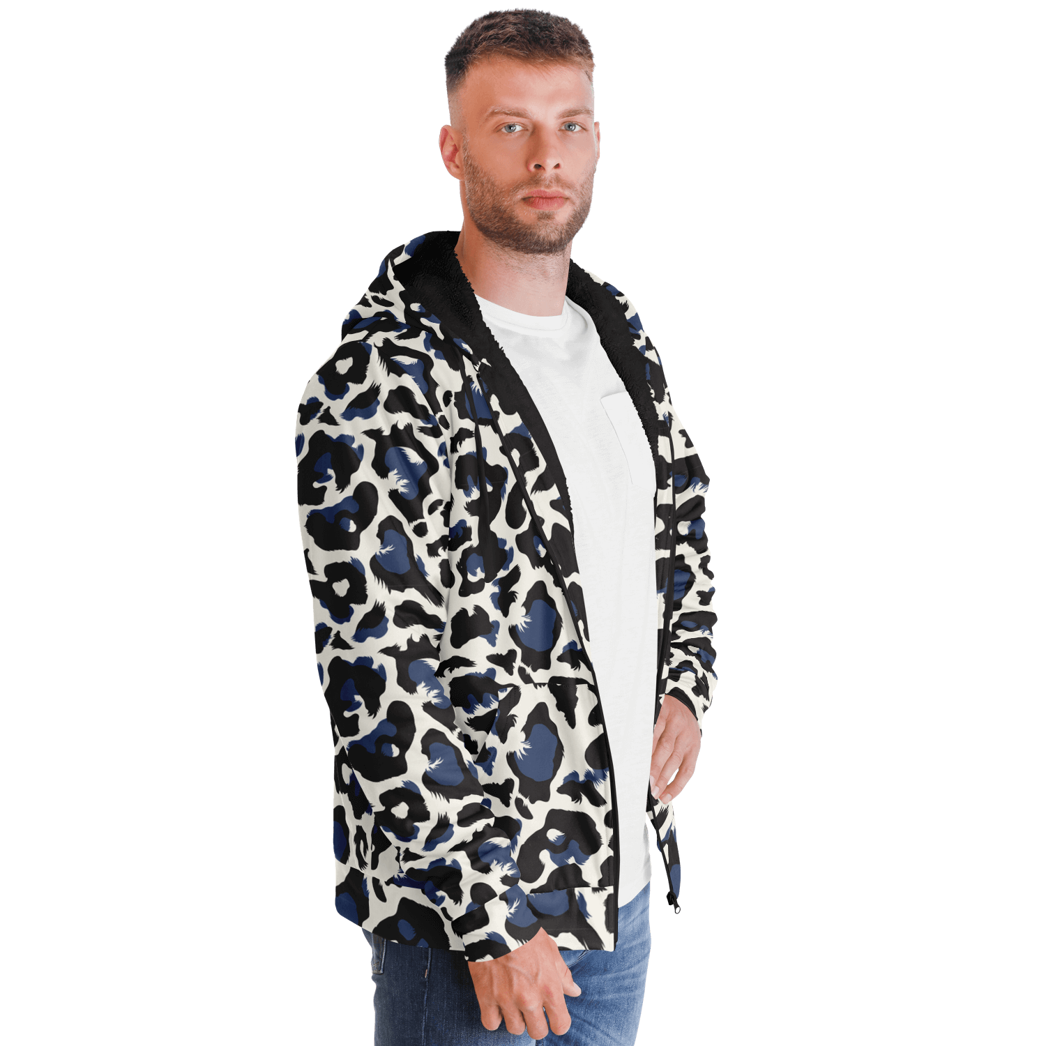 Microfleece Zip Hoodie | Leopard Print in White, Green & Blue Camo Colors