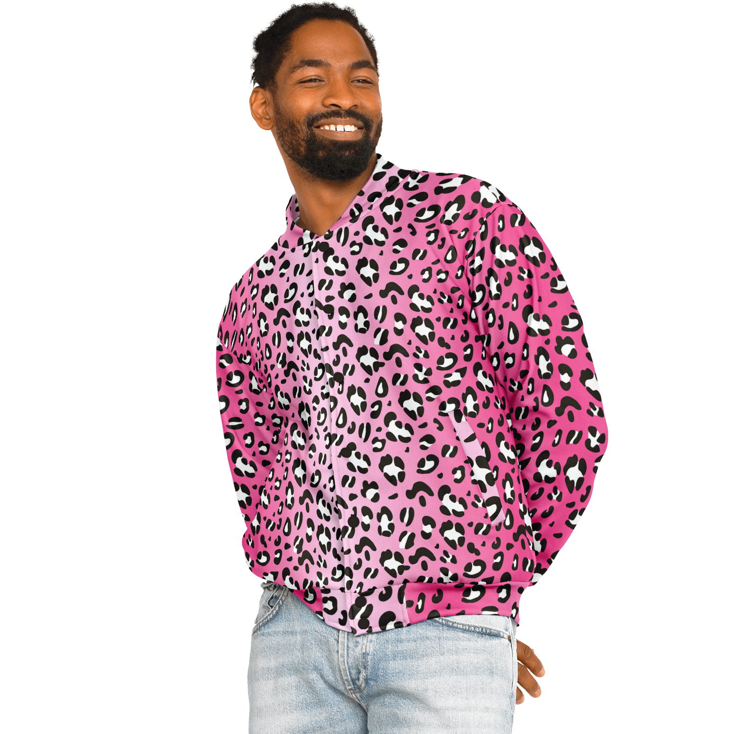 Baseball Jacket in Pink, Black & White Leopard Pattern Camo Colors