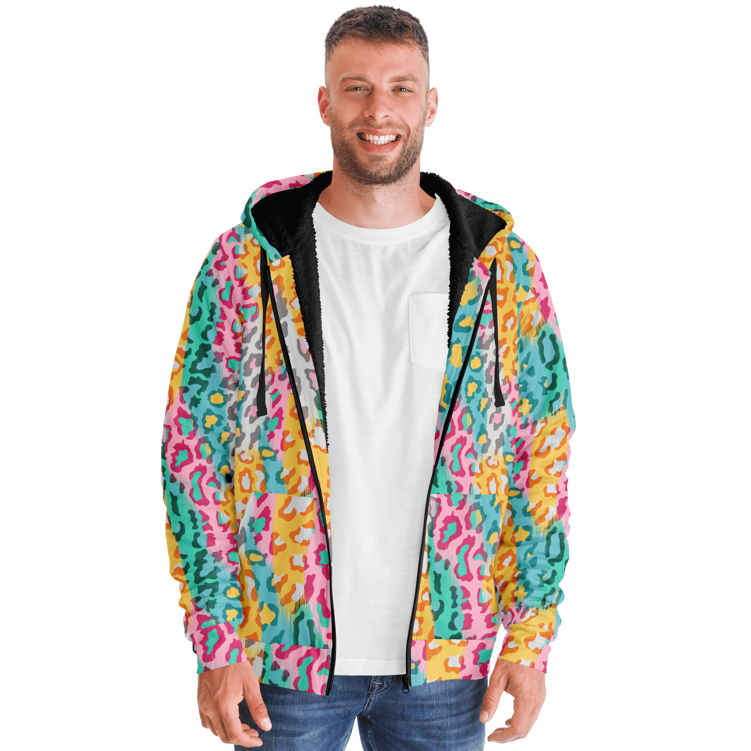 Microfleece Zip Hoodie | Colorful Leopard Pattern Camo Colors
