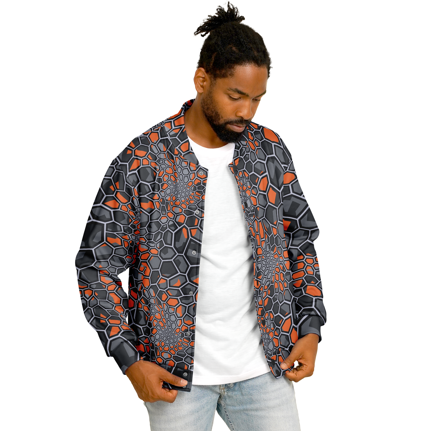 Baseball Jacket | Geometric Camo in Orange, Gray & Black Camo Colors