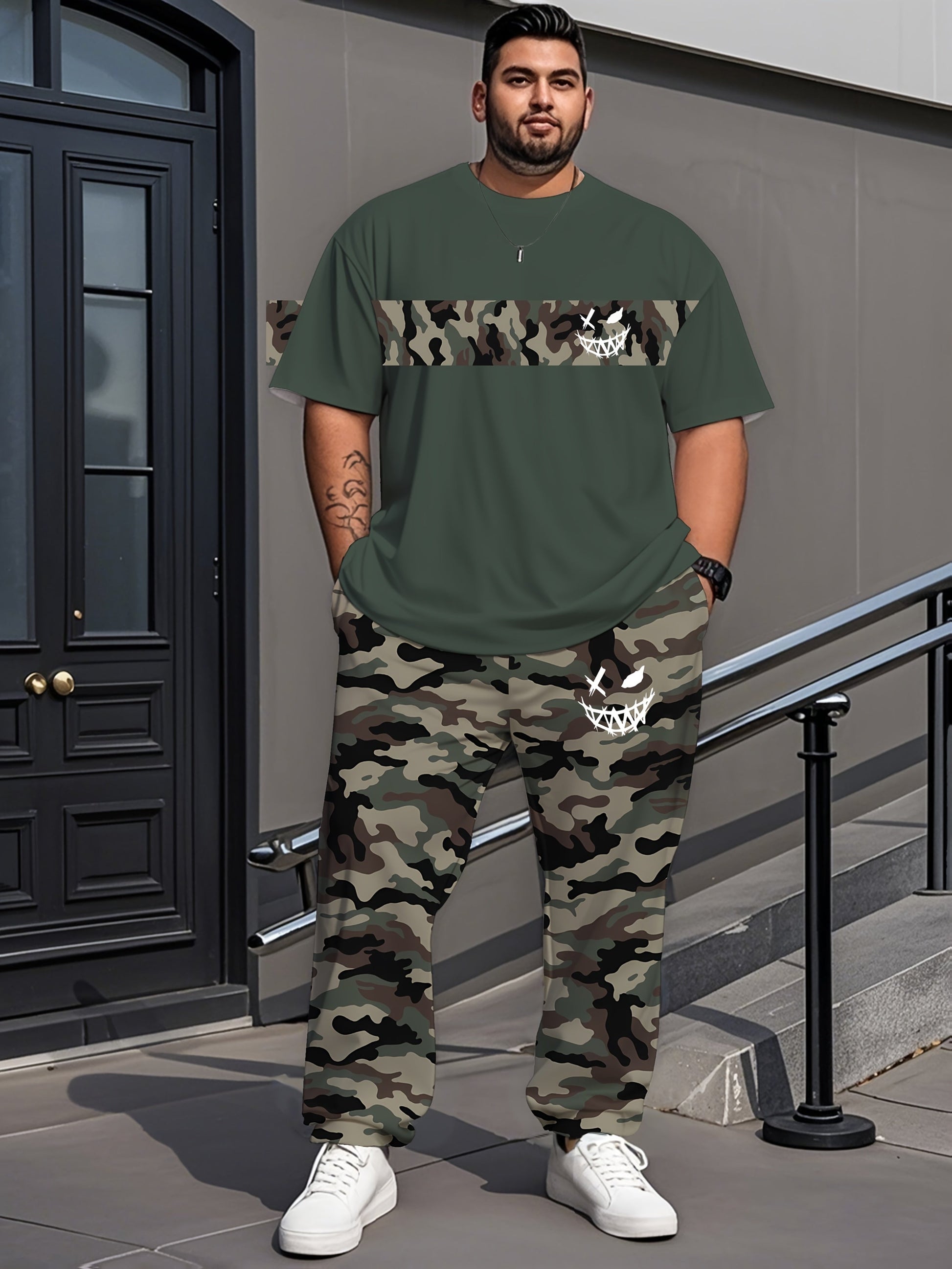 Plus-Size Camouflage Short-Sleeve & Long Pants Set | Camo Colors