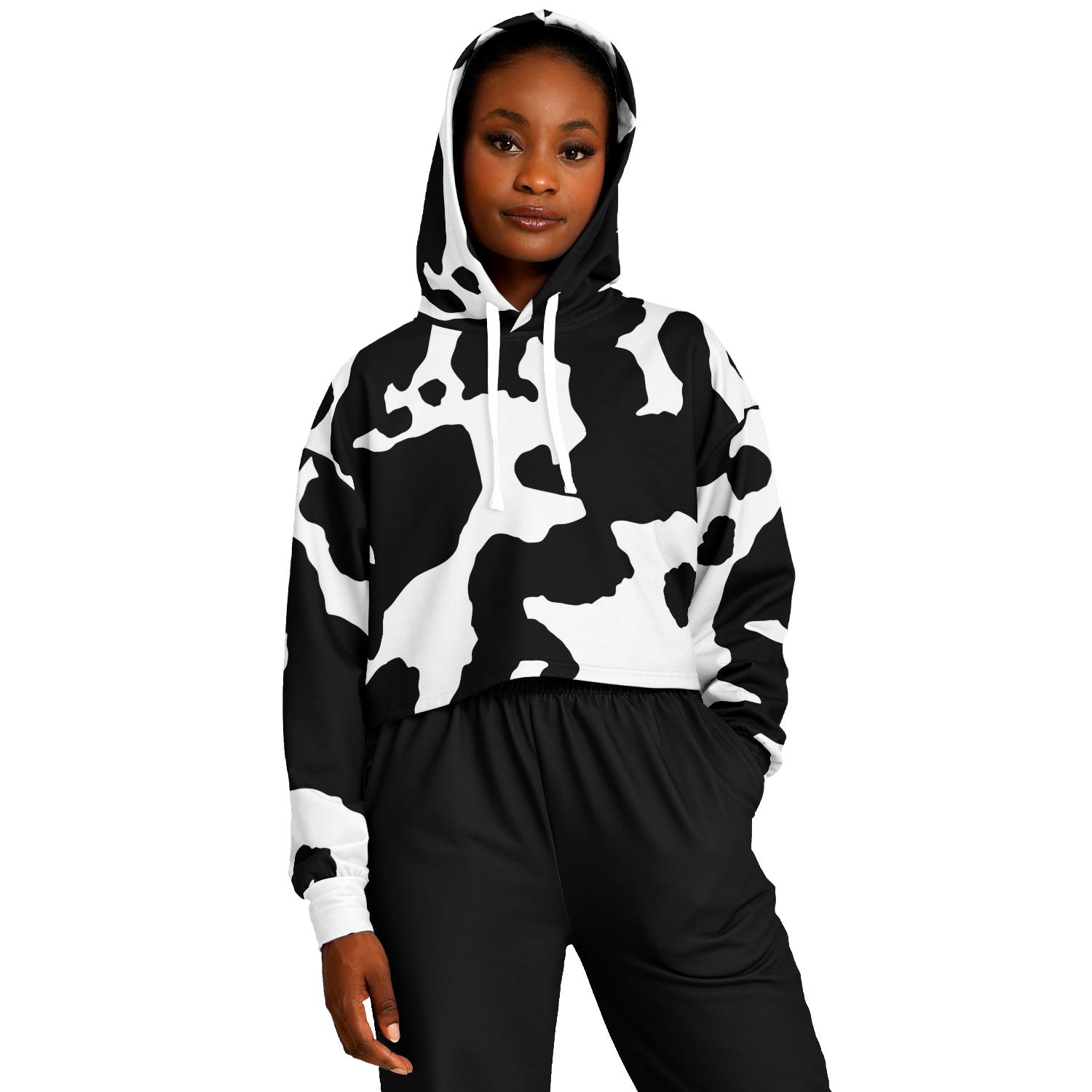 Cropped Hoodie For Women | Black & White Cow Camouflage Camo Colors
