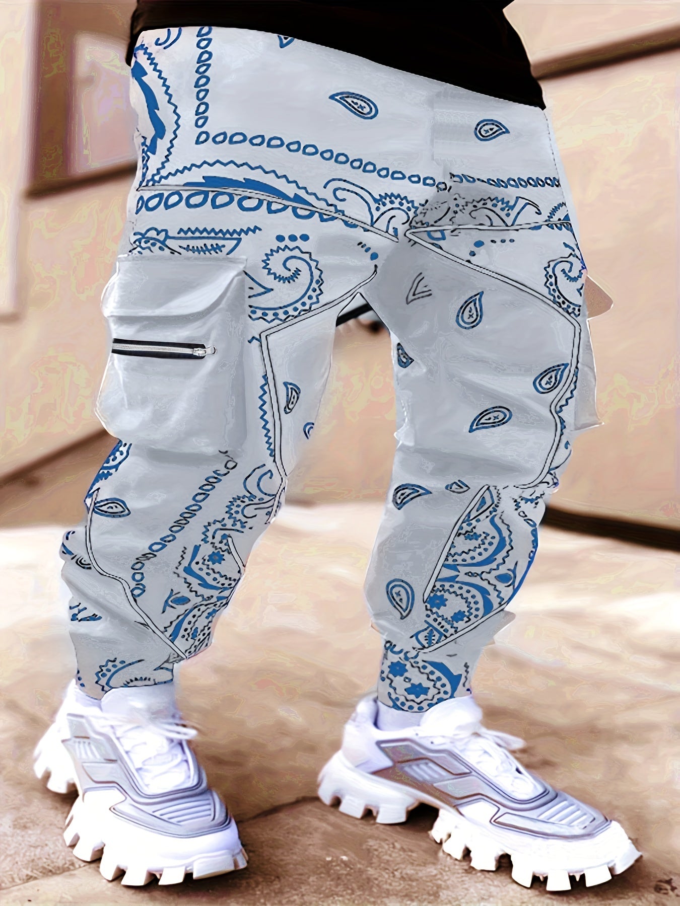 Men's Harem Work Pants: Large Size, Cashew Flower, Loose Fit Camo Colors