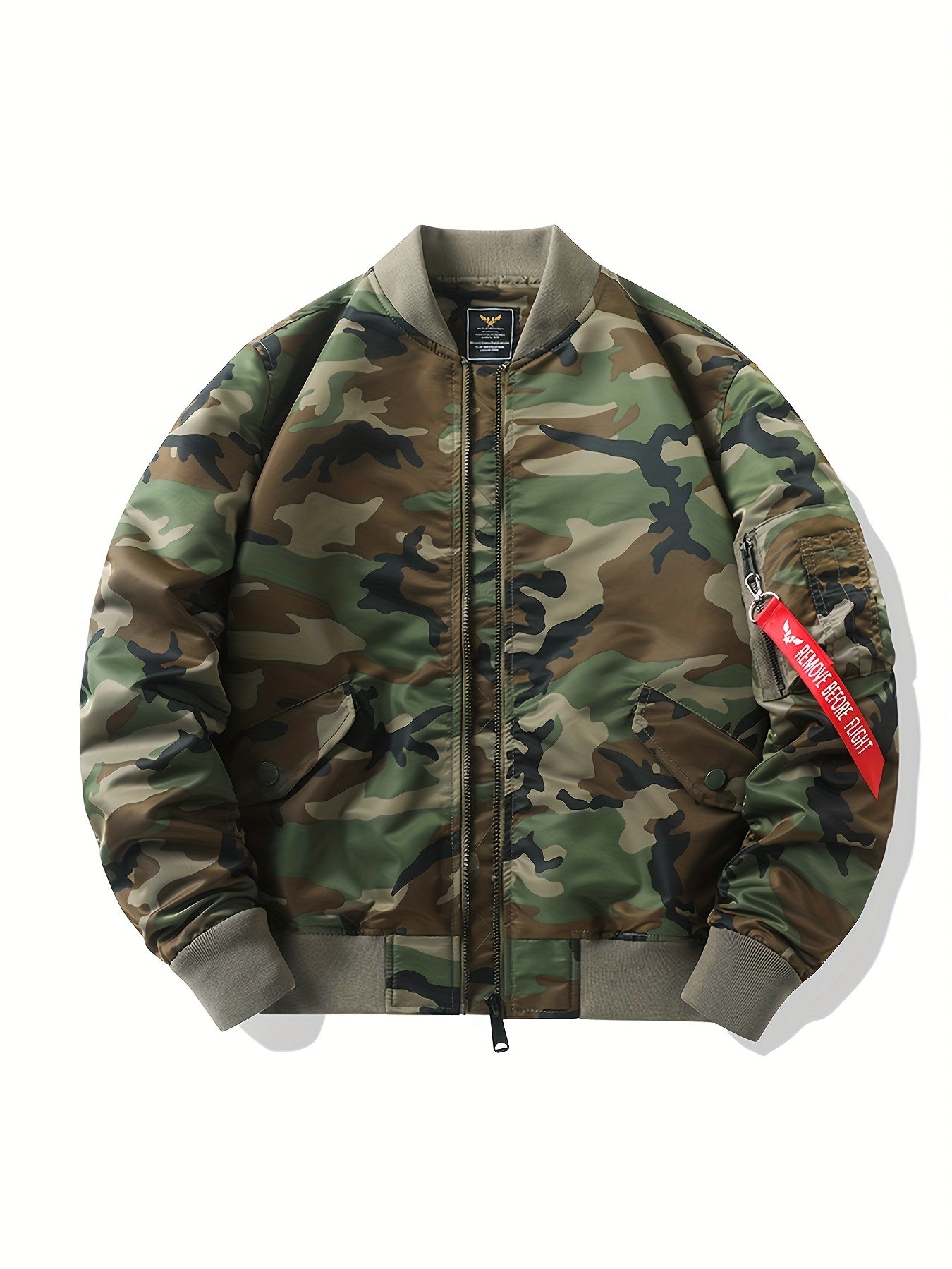 Fashionable Men's Camo Bomber Jacket, Stand Collar, Zipper Camo Colors