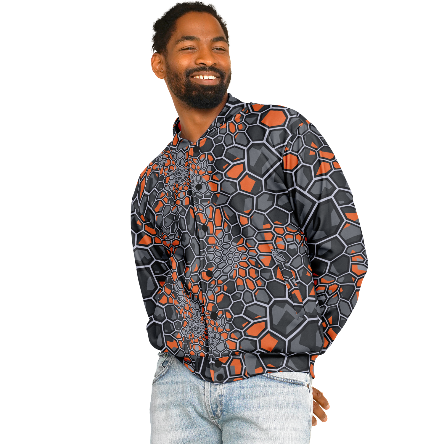 Baseball Jacket | Geometric Camo in Orange, Gray & Black Camo Colors