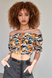 Orange Camo Print off the Shoulder Cargo Crop Top Camo Colors