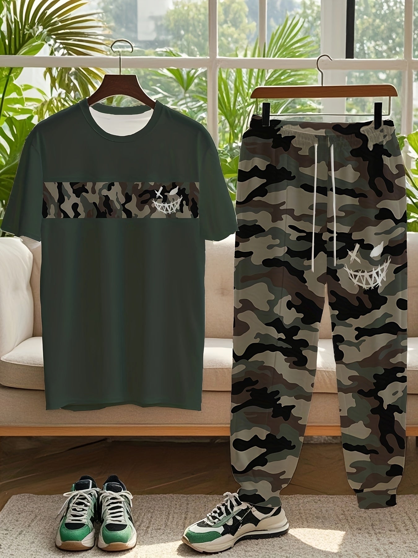 Plus-Size Camouflage Short-Sleeve & Long Pants Set | Camo Colors