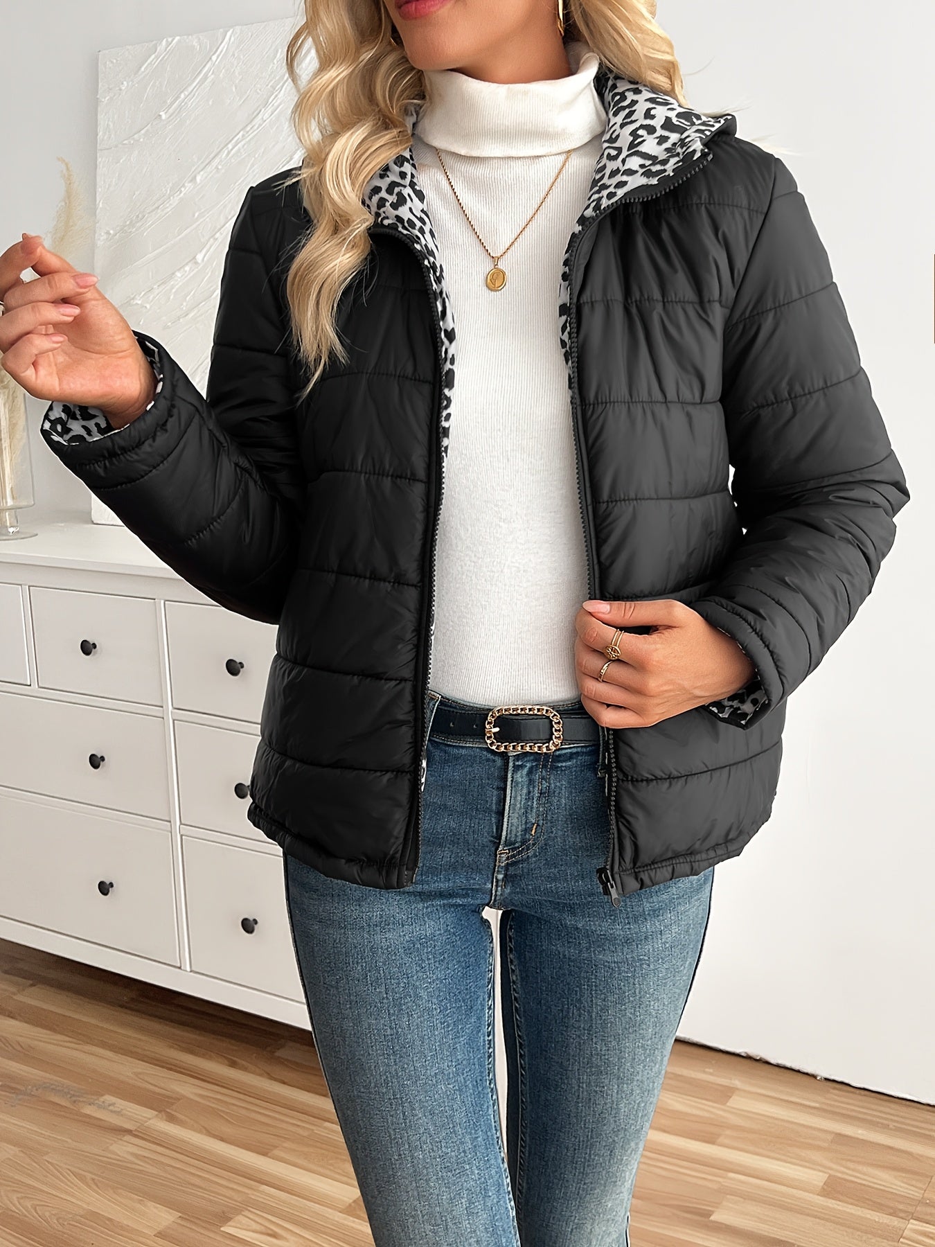 Women's Reversible Leopard Print Hooded Puffer Jacket | Camo Colors