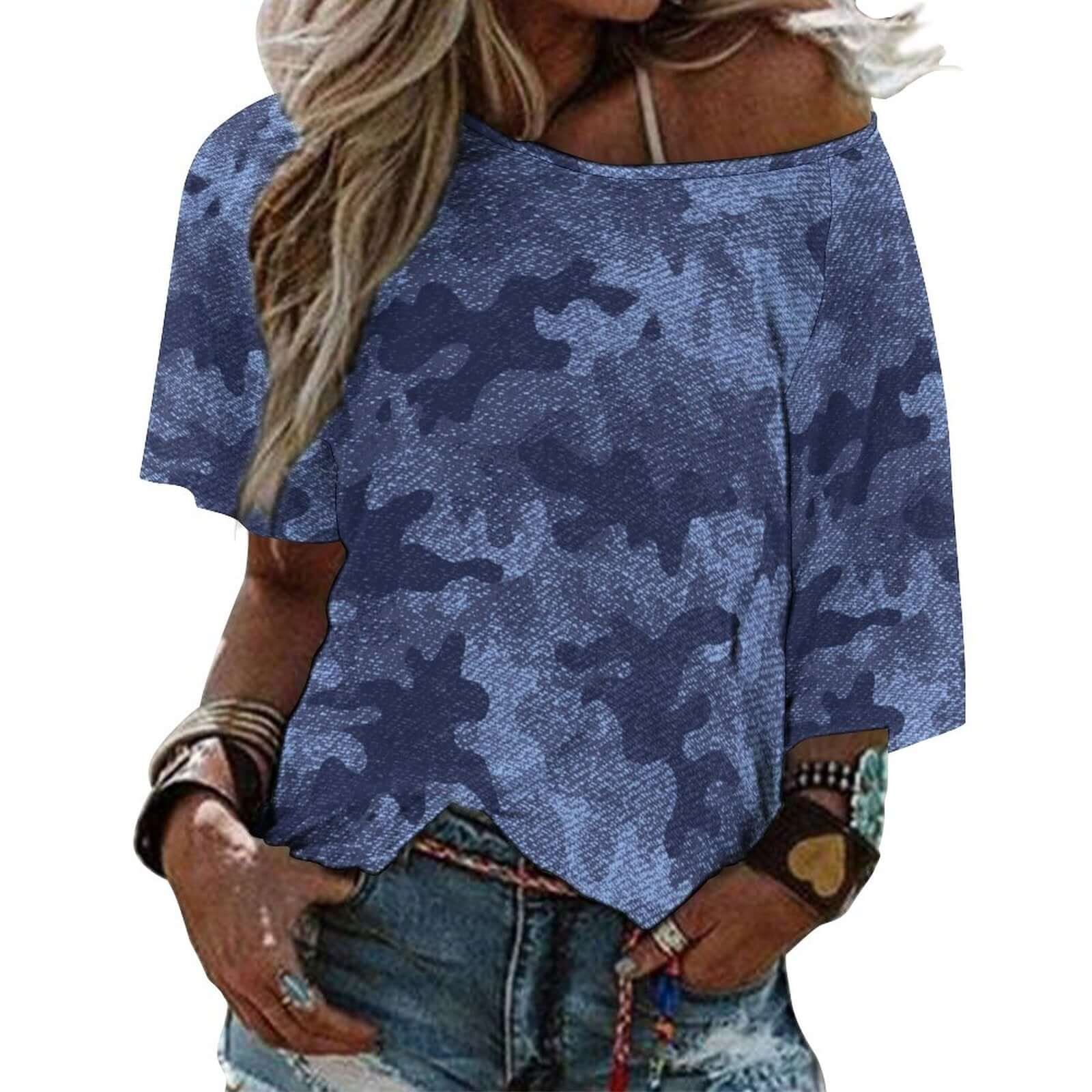 Camo Shirt | Off The Shoulder Top | Denim Blue Camo Colors