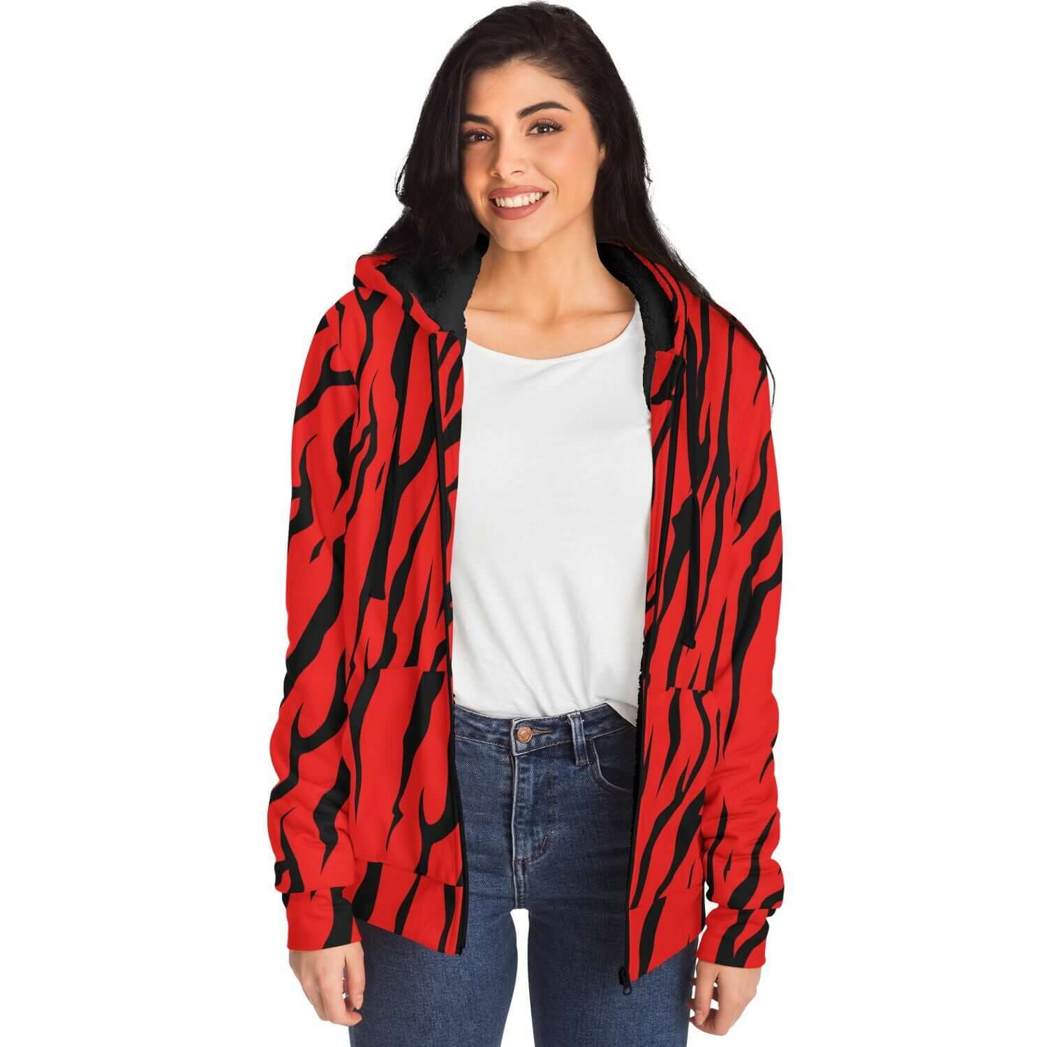 Microfleece Zip Hoodie in Red and Black Tiger Print Camo Colors