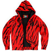 Microfleece Zip Hoodie in Red and Black Tiger Print Camo Colors