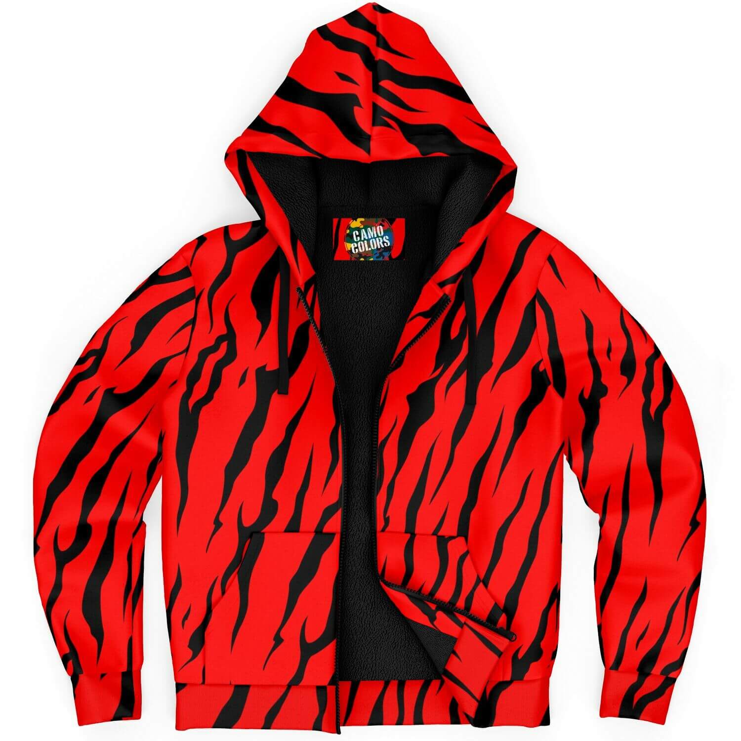 Microfleece Zip Hoodie in Red and Black Tiger Print Camo Colors