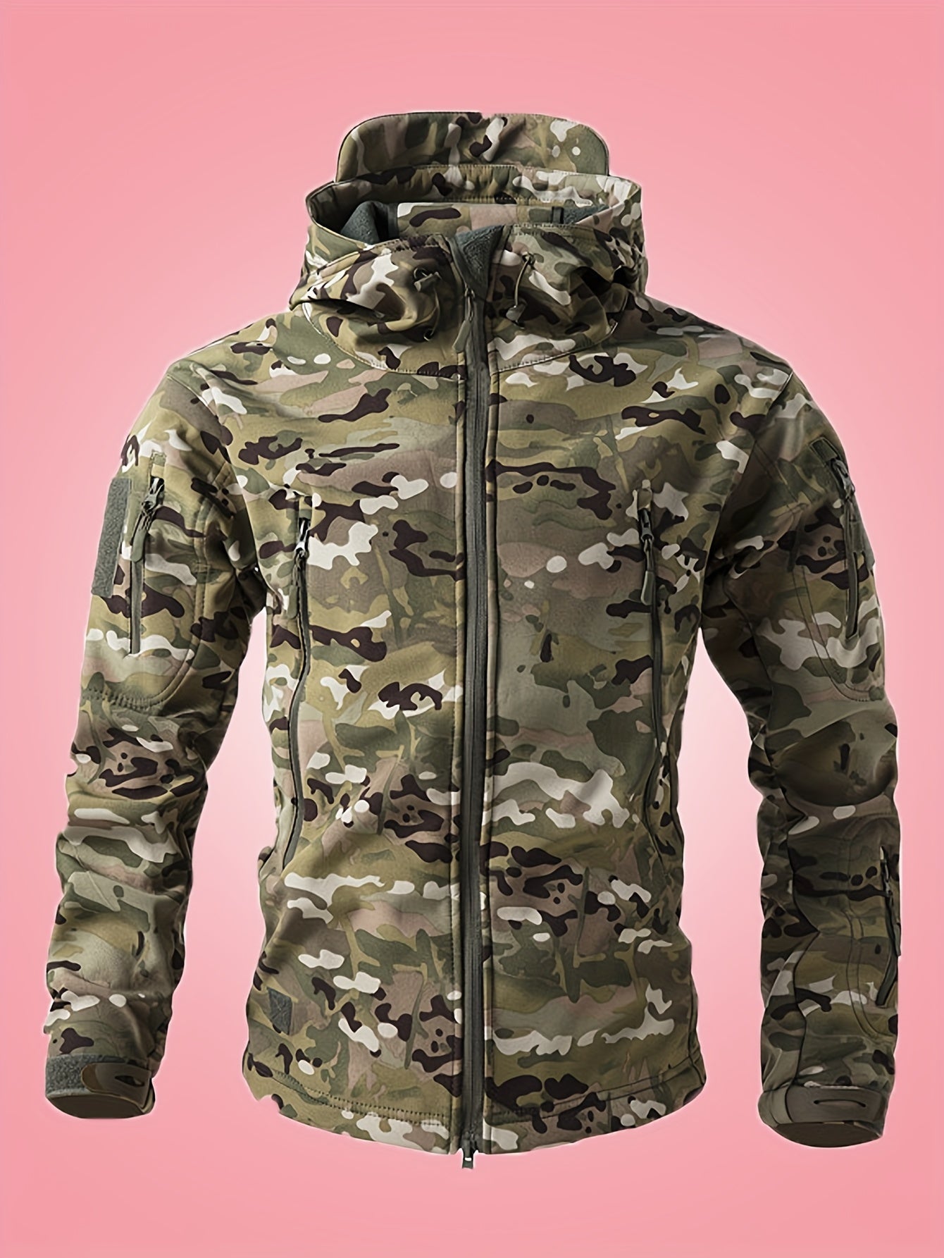 Men's Military Camo Jacket | Hooded Windbreaker with Zippered Pockets, Removable Hood Camo Colors