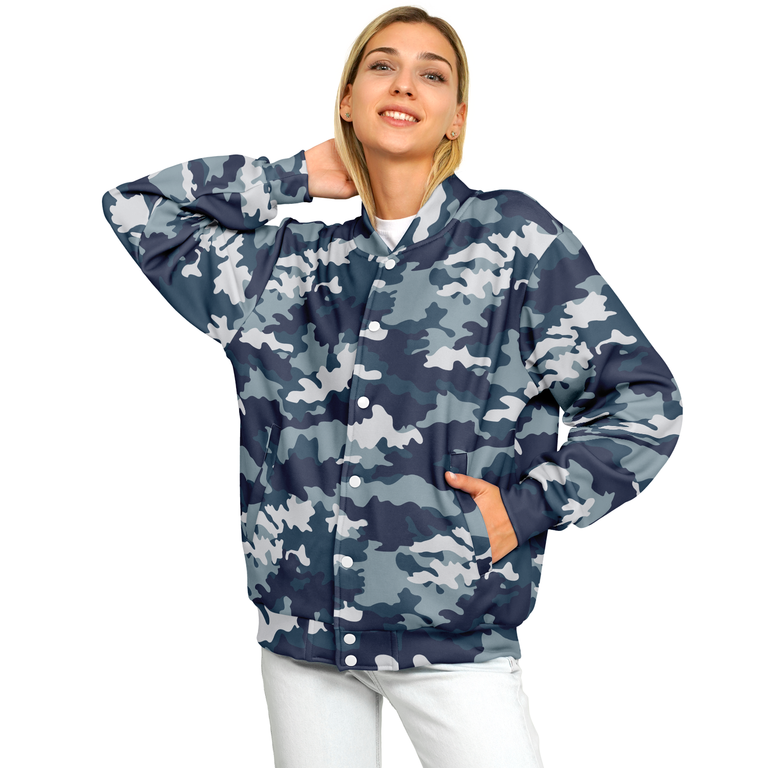 Navy Blue Camo Baseball Jacket | Unisex Camo Colors