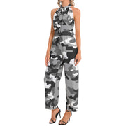Camo Jumpsuit | Belted Halter Neck | Gray, Black and White Camo Colors
