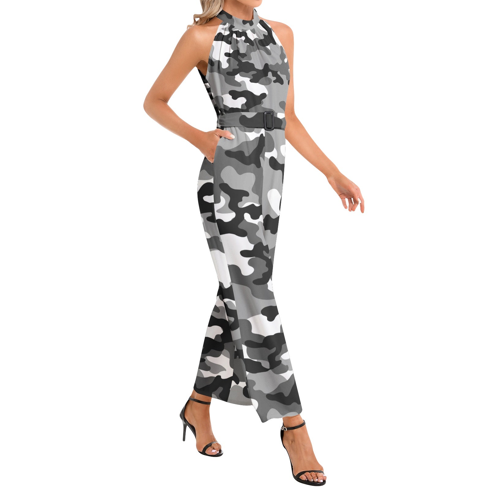 Camo Jumpsuit | Belted Halter Neck | Gray, Black and White Camo Colors