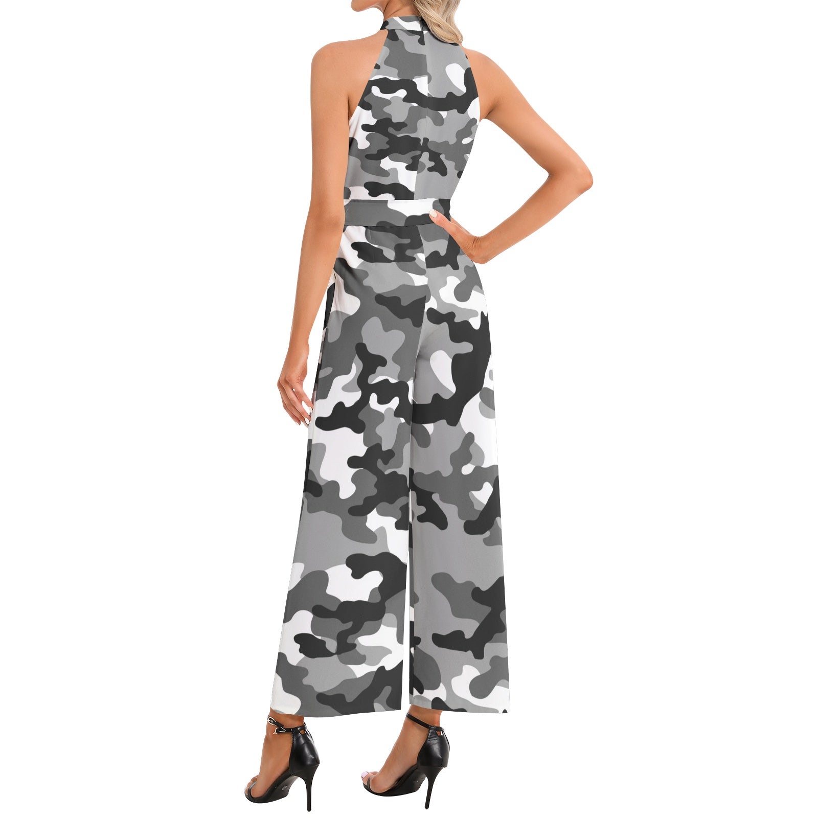 Camo Jumpsuit | Belted Halter Neck | Gray, Black and White Camo Colors