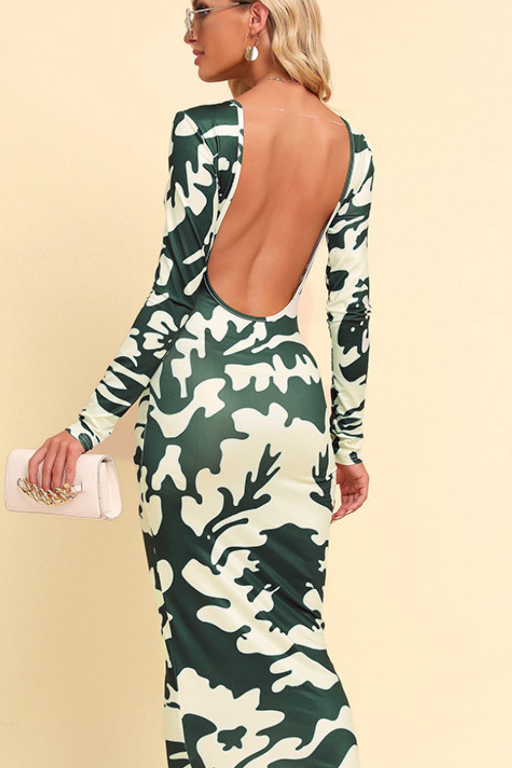 Printed Backless Long Sleeve Maxi Camo Dress Camo Colors