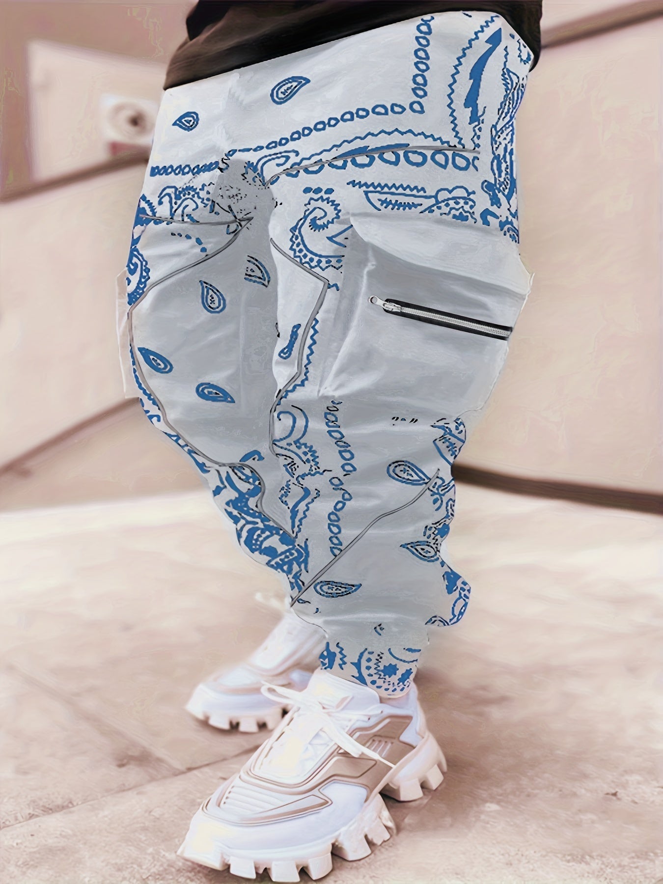 Men's Harem Work Pants: Large Size, Cashew Flower, Loose Fit Camo Colors