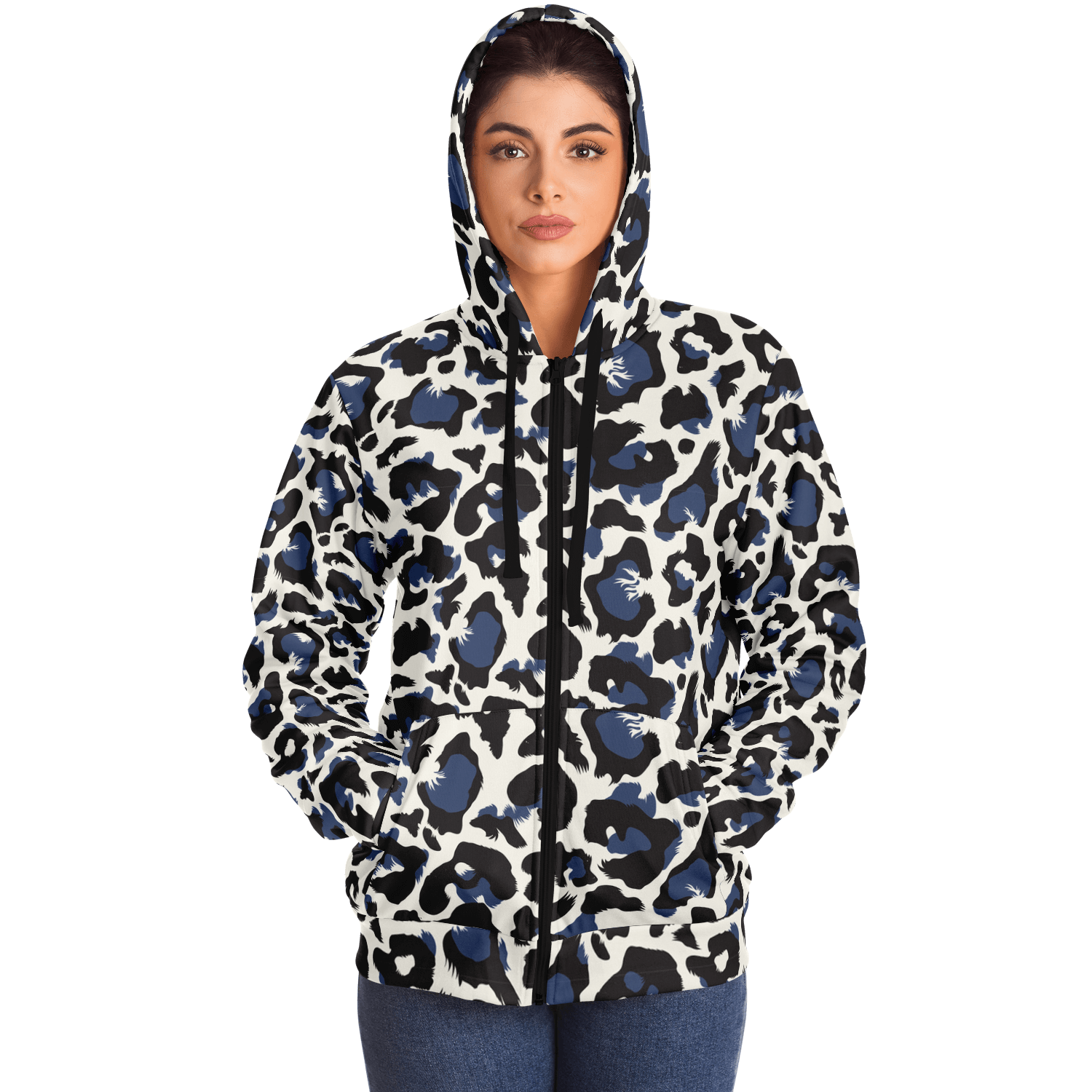 Microfleece Zip Hoodie | Leopard Print in White, Green & Blue Camo Colors