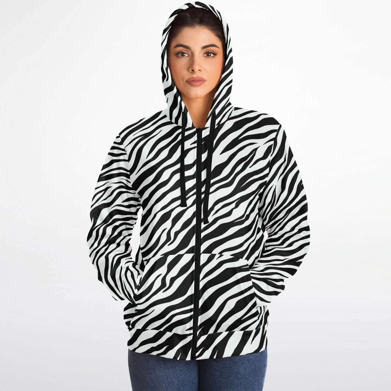 Microfleece Zip Hoodie in Black and White Zebra Print Camo Colors