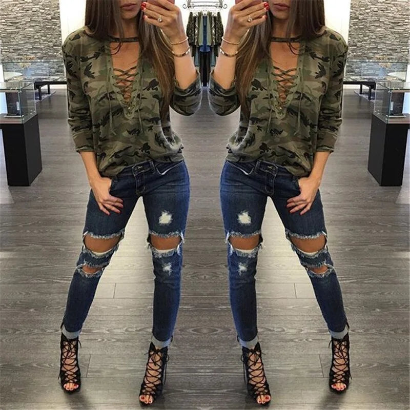 Women's Camouflage V-Neck Hooded Sweatshirt with Long Sleeves Camo Colors