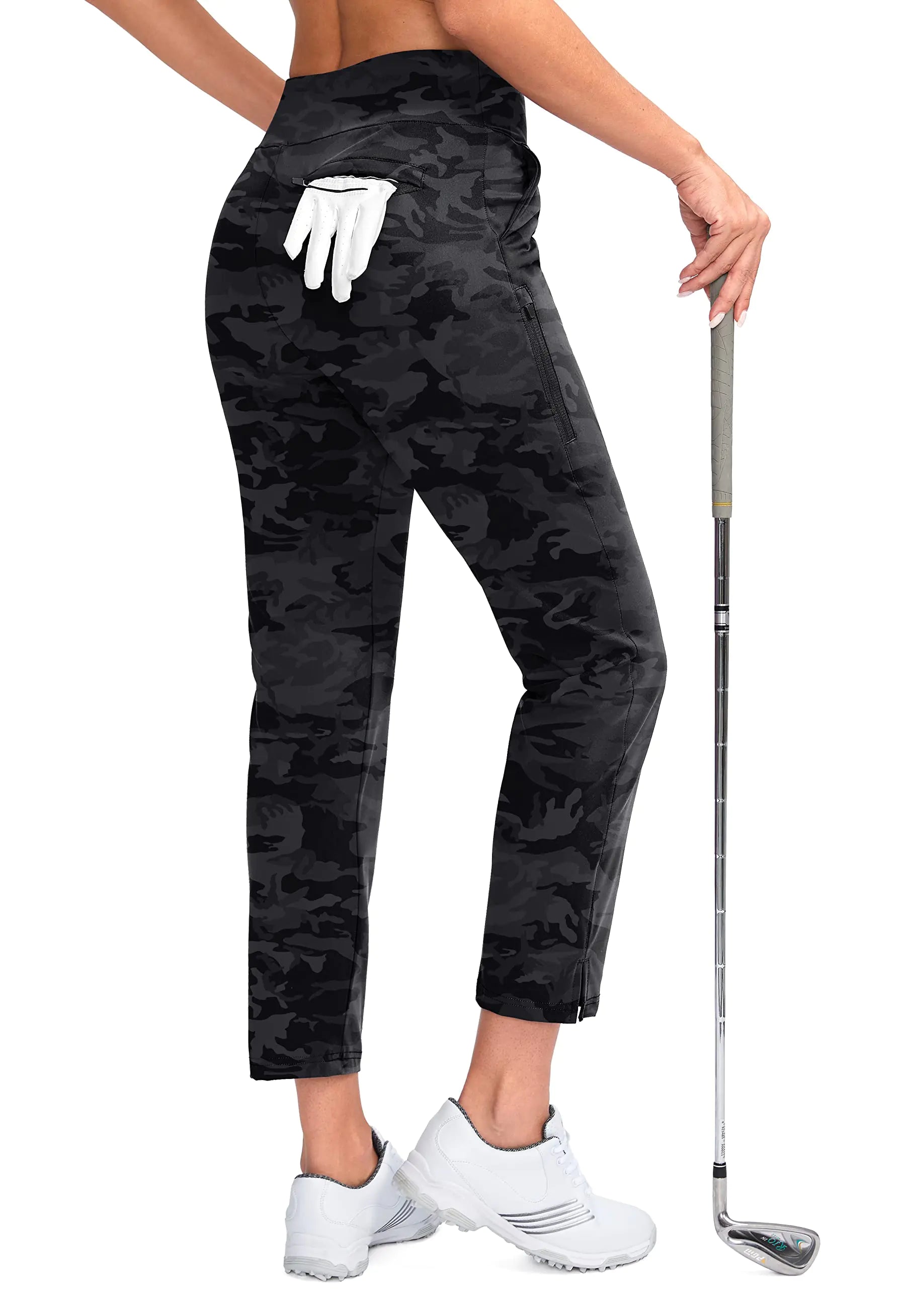 Grey Camo Women's Golf Pants Stretch Work Ankle Pants High Waist Camo Colors