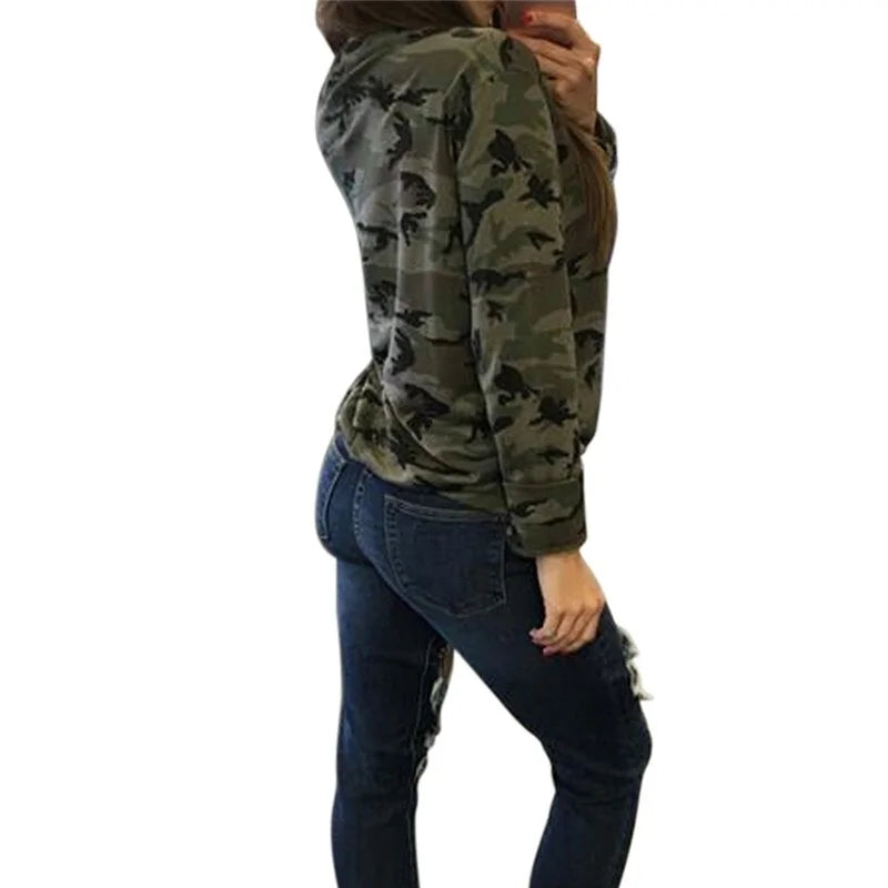 Women's Camouflage V-Neck Hooded Sweatshirt with Long Sleeves Camo Colors
