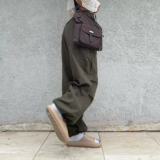 Vintage-inspired Wide Leg Cargo Pants Camo Colors